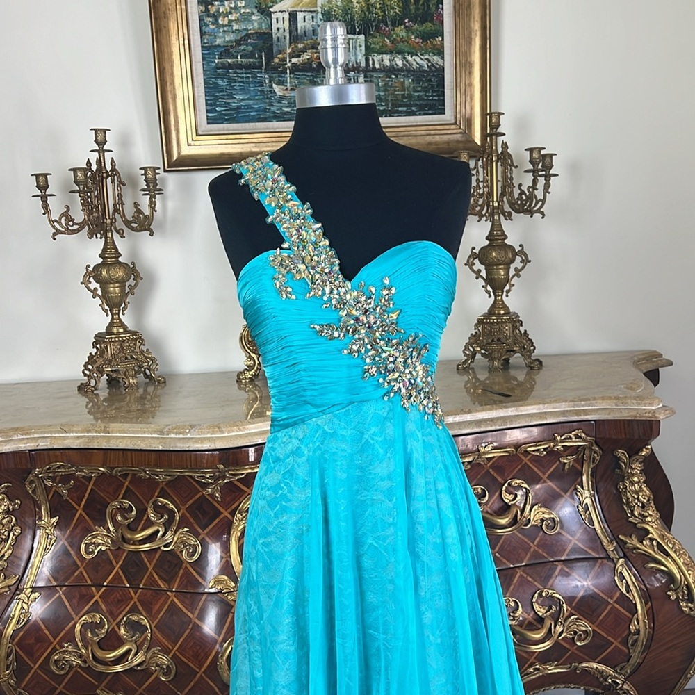 Meier Collection One Shoulder Pleated embroidery beaded evening prom dress - Picture 3 of 5